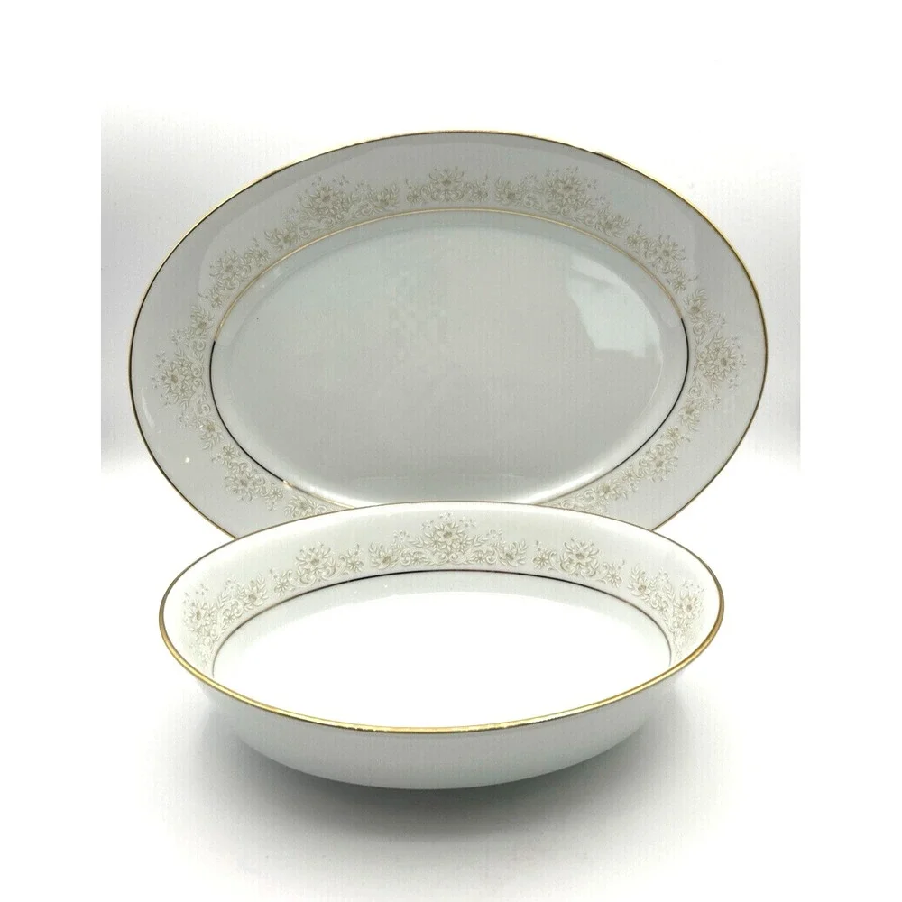 Noritake Dearest Serving Set Platter Vegetable Bowl White Gold Floral 2pc Japan
